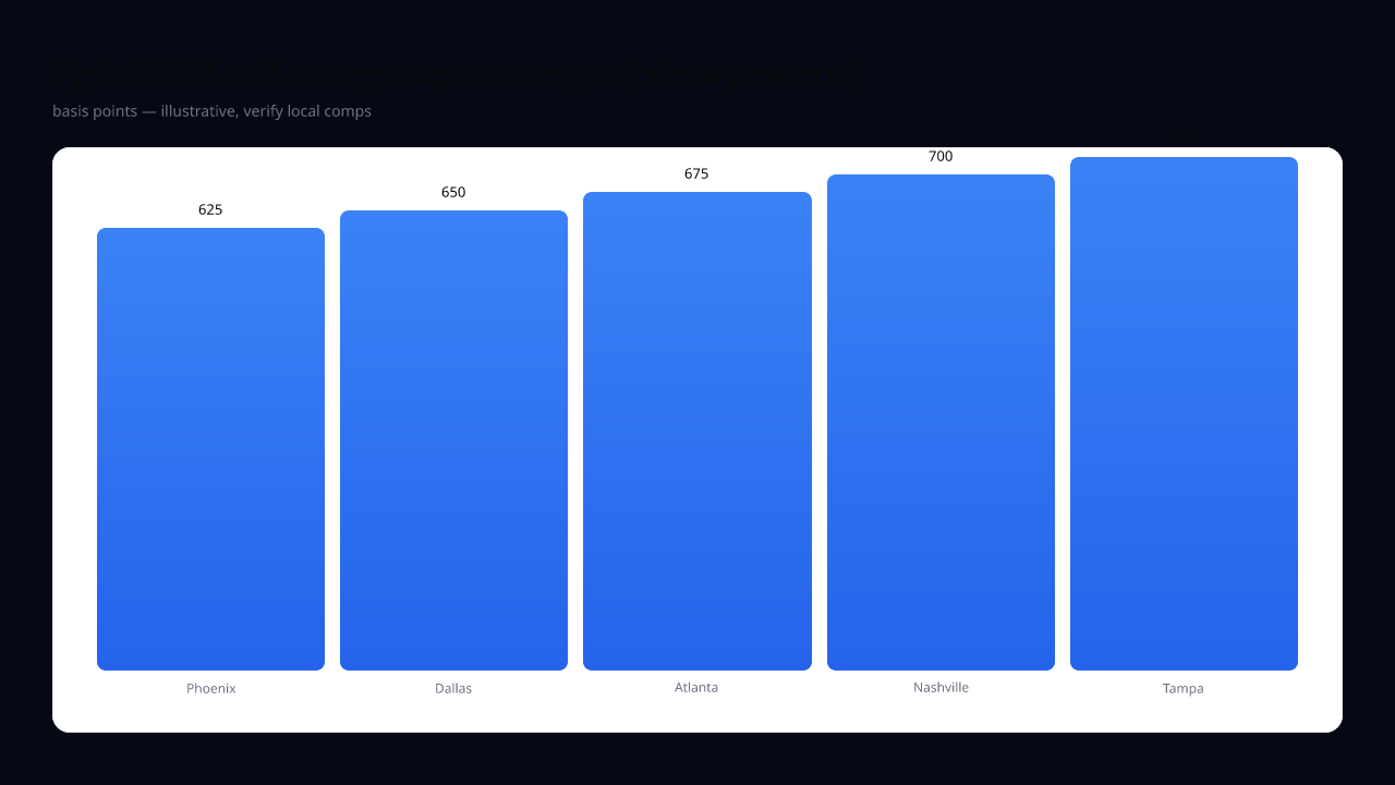 Bar chart: typical 2026 self-storage cap rate ranges by primary metro